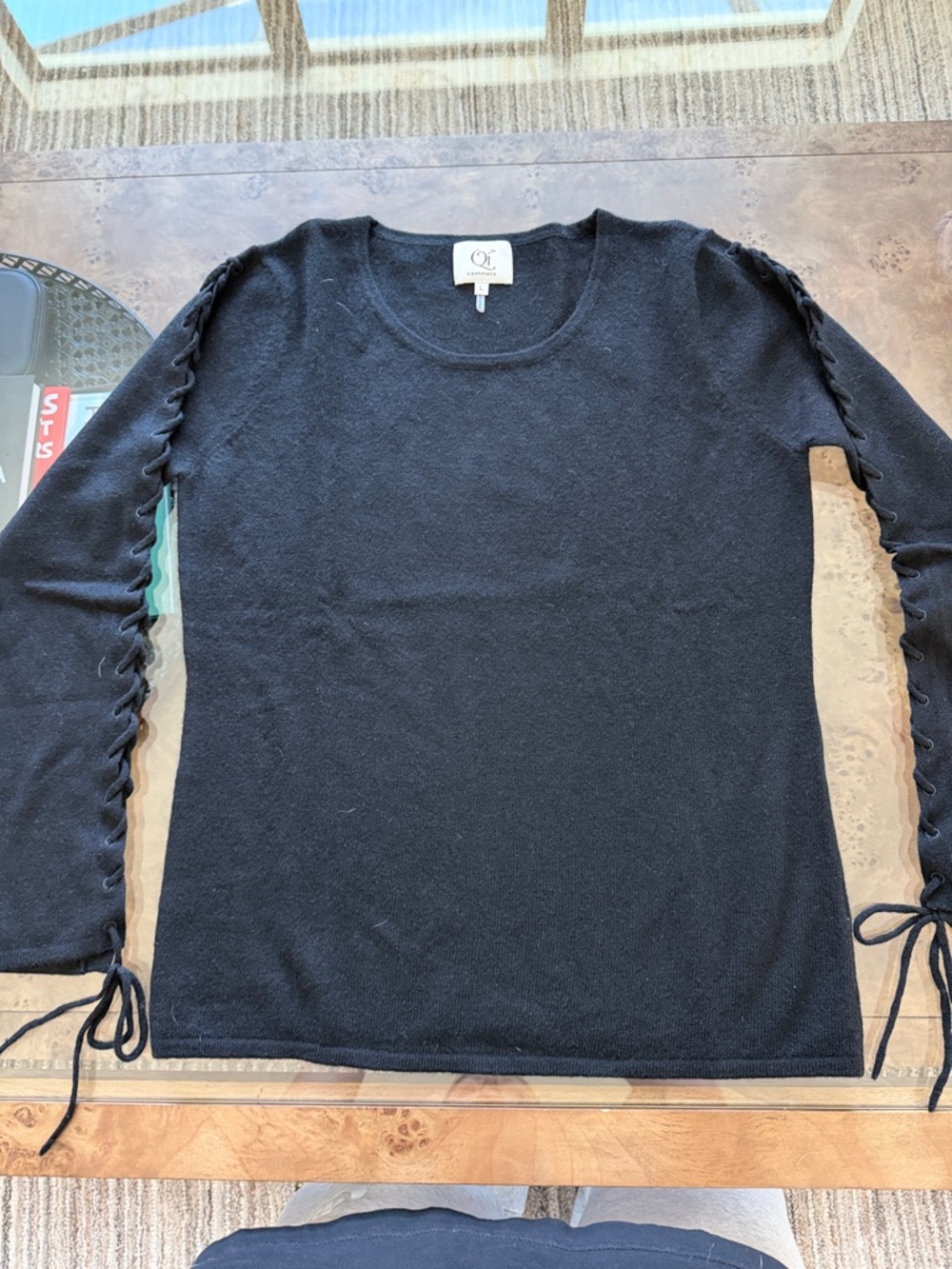 Qi Black Long-Sleeve Top with Lace-Up Sleeve Detail